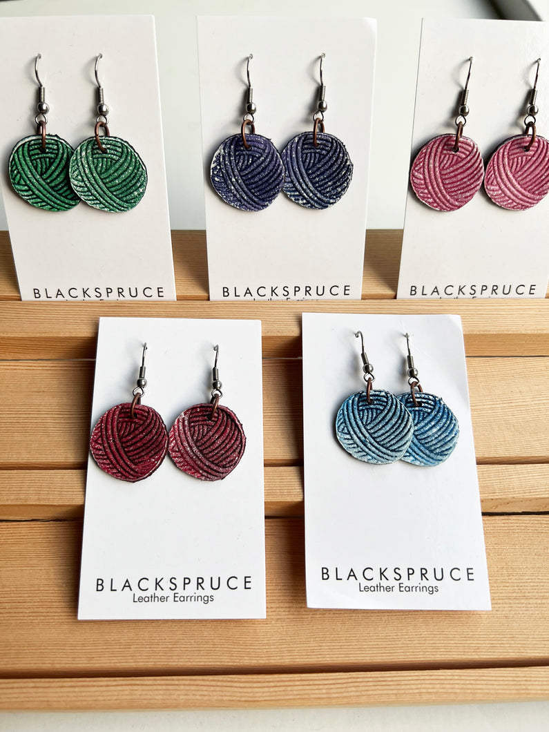 Leather Earrings- Yarn Ball