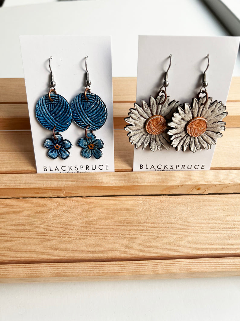 Leather Earrings- Daisy and Forget Me Not
